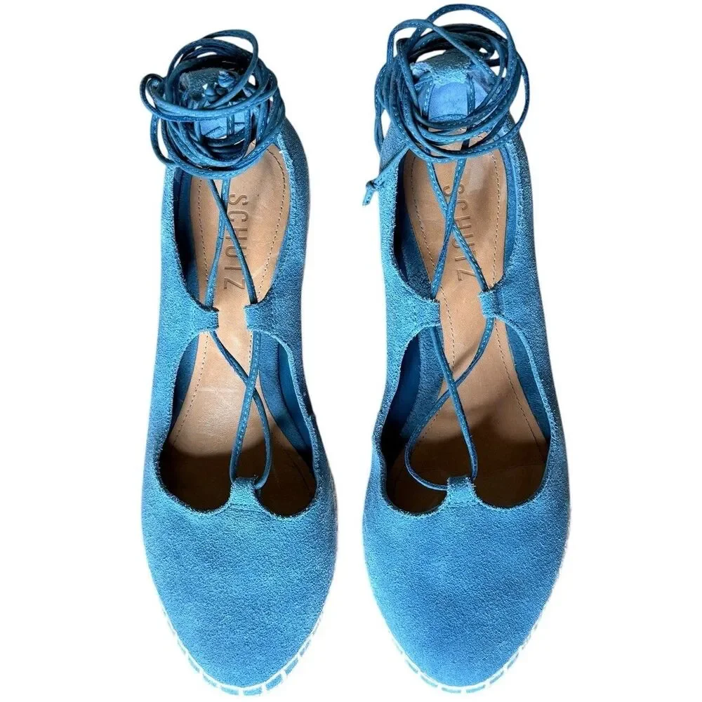 Schutz Wedge Espadrilles Size 6.5 Blue Fechado Salto Medio Acamurcado Suede